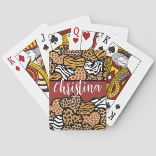 Girly Red Playful Animal Print Hearts Name  Playing Cards