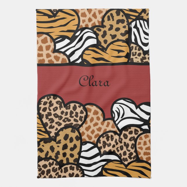Girly Red Playful Animal Print Hearts Name  Tea Towel (Vertical)