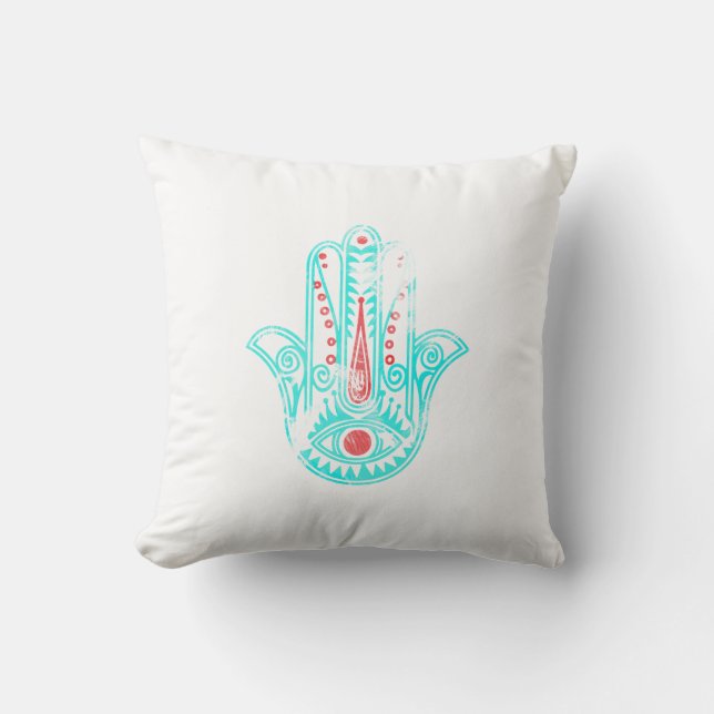 Girly red teal watercolor Hamsa Hand of Fatima Cushion (Front)
