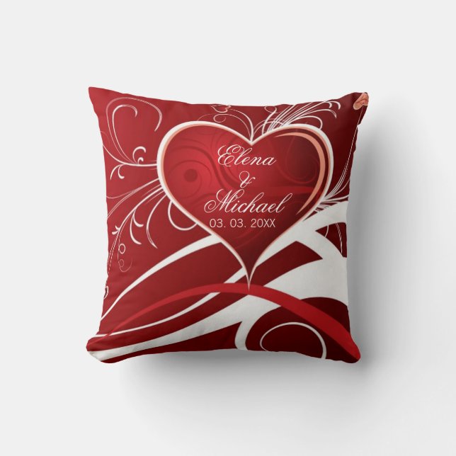 Girly Red & White Abstract Heart And Floral Swirls Cushion (Front)