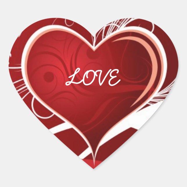 Girly Red & White Abstract Heart And Floral Swirls Heart Sticker (Front)