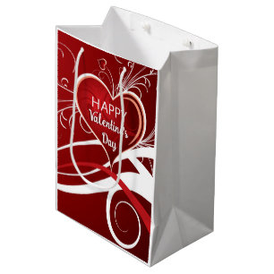 Girly Red & White Abstract Heart And Floral Swirls Medium Gift Bag