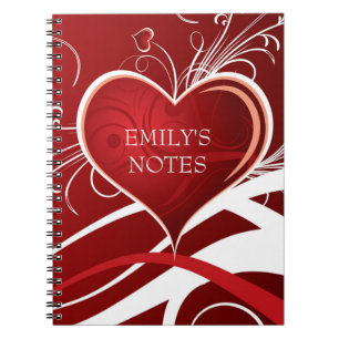 Girly Red & White Abstract Heart And Floral Swirls Notebook