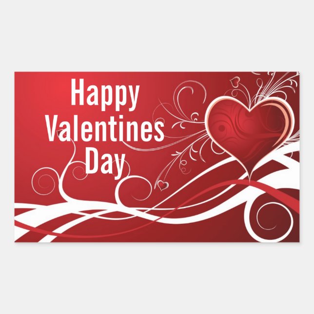 Girly Red & White Abstract Heart And Floral Swirls Rectangular Sticker (Front)