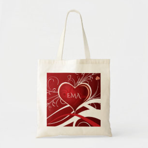 Girly Red & White Abstract Heart And Floral Swirls Tote Bag