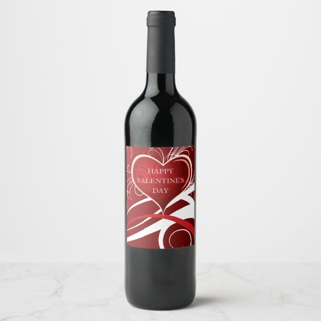 Girly Red & White Heart And Floral Swirls Wine Label (Front)