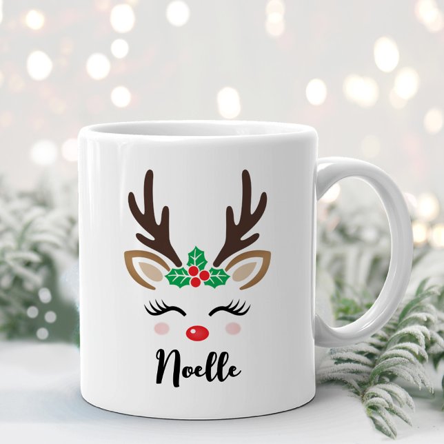 Girly Reindeer Face Personalised Name Christmas Coffee Mug (Creator Uploaded)