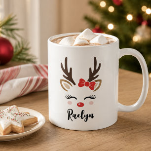 Girly Reindeer Face Red Bow Custom Name Coffee Mug