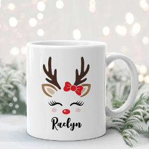 Girly Reindeer Face Red Bow Custom Name Coffee Mug