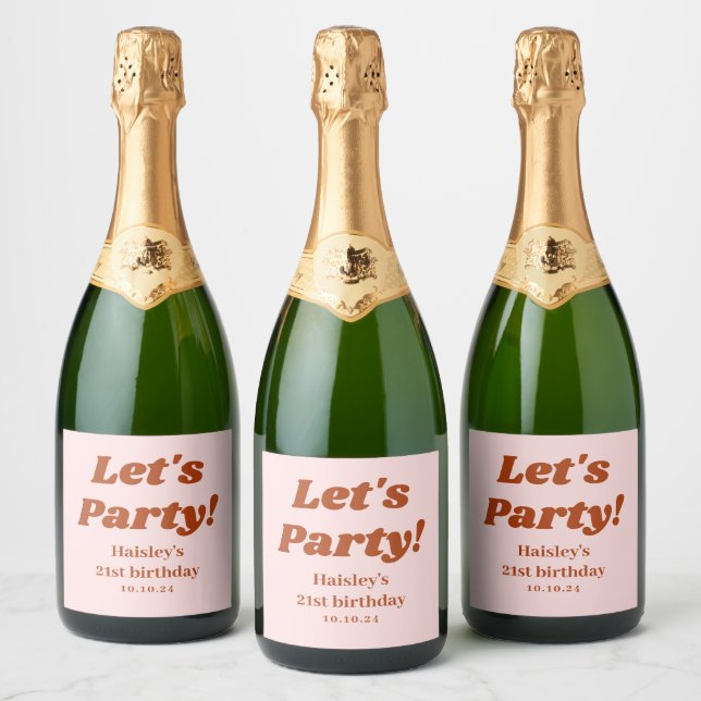 Girly Retro Let's Party Red Pink 21st birthday Sparkling Wine Label (Bottles)
