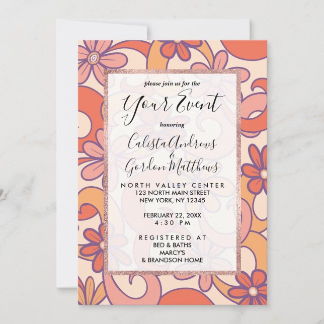 Girly Retro Pink Orange Groovy Flowers Invitation (Front)