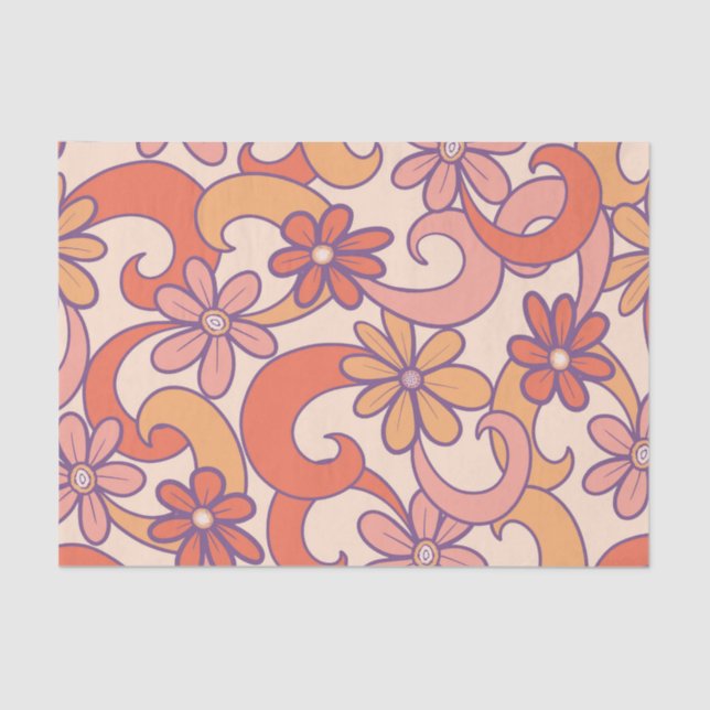Girly Retro Pink Orange Groovy Flowers Tissue Paper (Front)