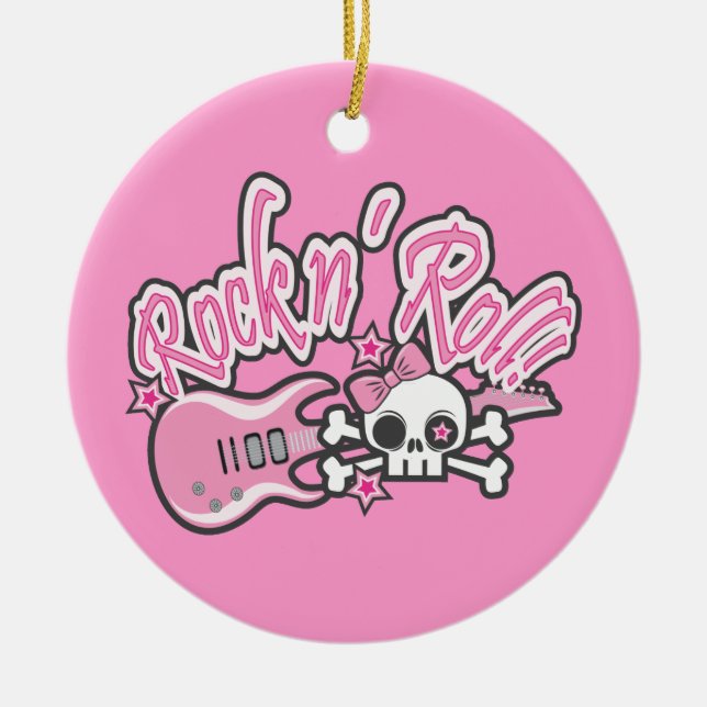 Girly Rock n' Roll Skull Ceramic Tree Decoration (Front)