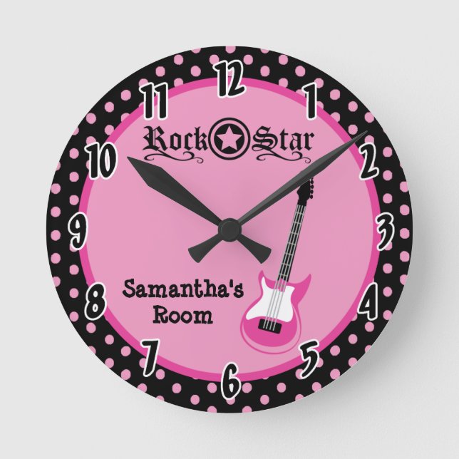 Girly Rock Star Pink Guitar Personalised Clock (Front)