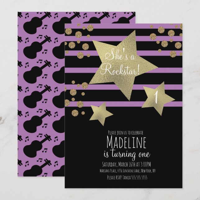 Girly Rockstar Guitar Faux Gold Star Birthday Invitation (Front/Back)
