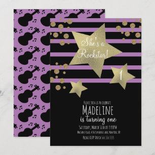 Girly Rockstar Guitar Faux Gold Star Birthday Invitation