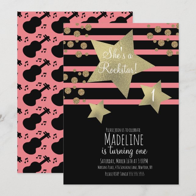 Girly Rockstar Guitar Faux Gold Star Birthday Invitation (Front/Back)