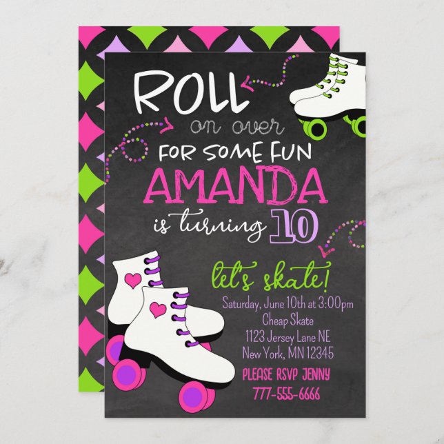 Girly Roller Skating Chalkboard Birthday  Invitation (Front/Back)