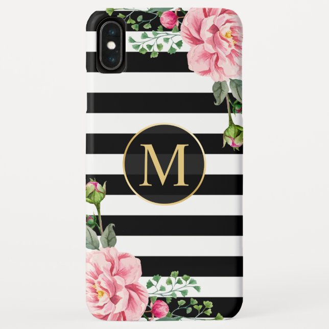 Girly Romantic Floral Black White Stripes Monogram Case-Mate iPhone Case (Back)