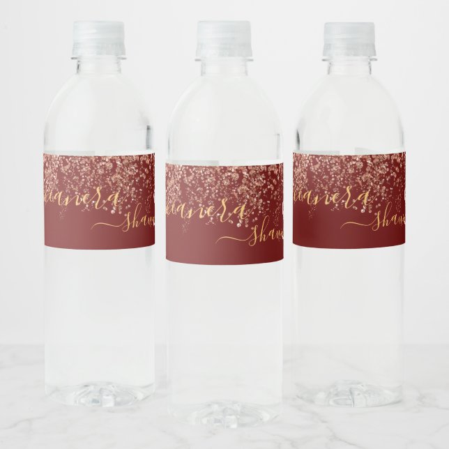 Girly Rose Gold and Burgundy Monogram Sparkle Water Bottle Label (Bottles)