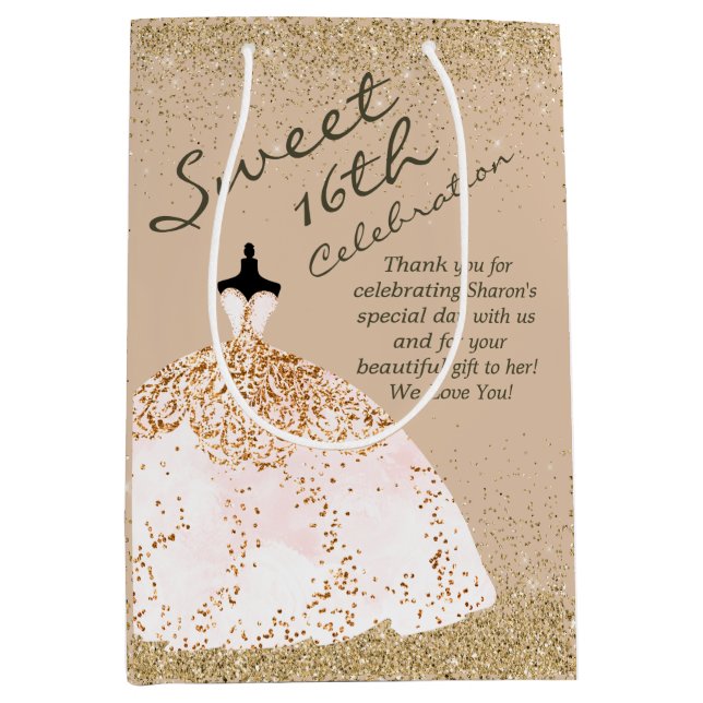 Girly Rose Gold Big Ball Gown Sweet 16th Birthday Medium Gift Bag (Front)