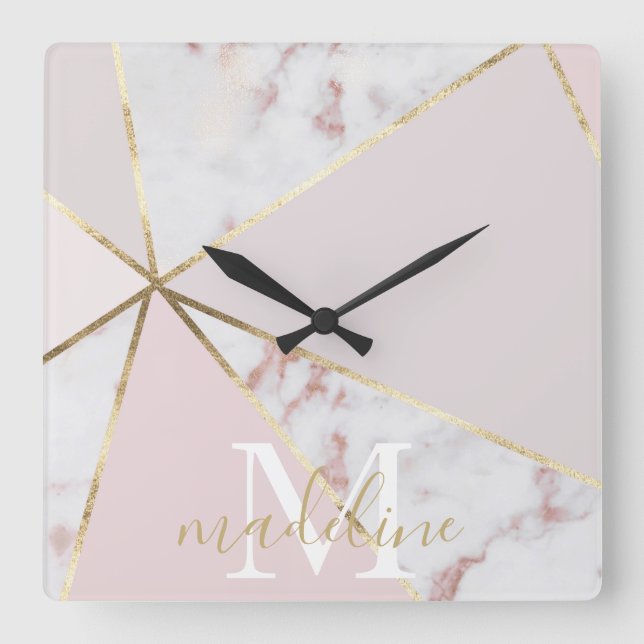 Girly Rose Gold Blush Geometric Monogram Clock (Front)