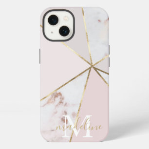 Girly Rose Gold Blush Geometric Monogram iPhone 13 Case
