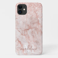 Girly Rose Gold Blush Marble Glitter Monogram