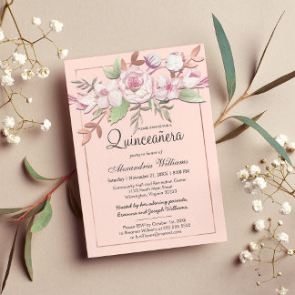 Girly Rose Gold Blush Pink Floral Quinceañera Invitation