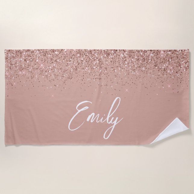 Girly Rose Gold Blush Pink Glitter Monogram Beach  Beach Towel (Front)