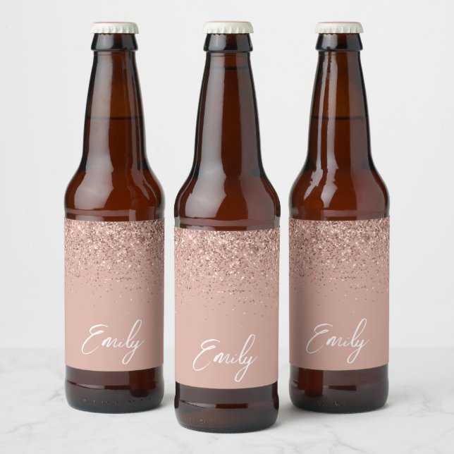 Girly Rose Gold Blush Pink Glitter Monogram Beer B Beer Bottle Label (Bottles)