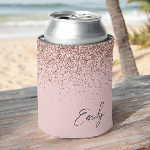Girly Rose Gold Blush Pink Glitter Monogram Can Cooler