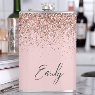 Girly Rose Gold Blush Pink Glitter Monogram Hip Flask
