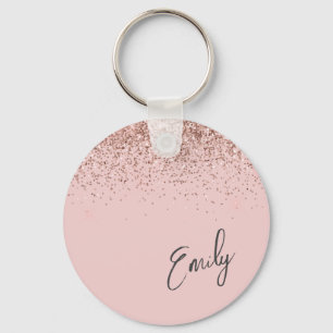 Girly Rose Gold Blush Pink Glitter Monogram Key Ring