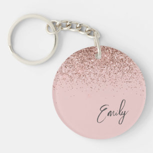 Girly Rose Gold Blush Pink Glitter Monogram Key Ring