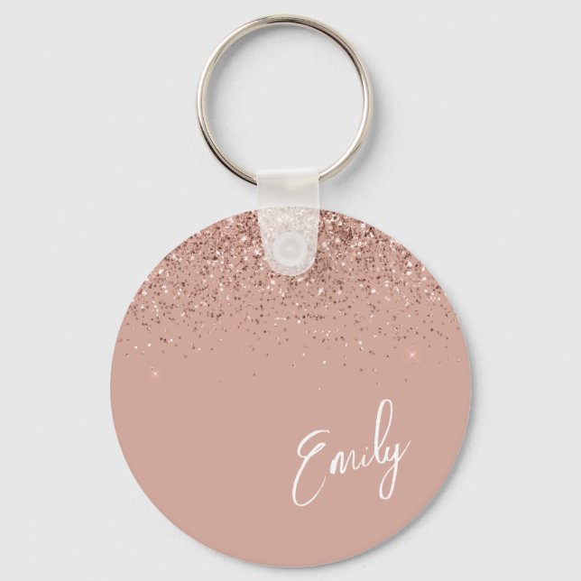 Girly Rose Gold Blush Pink Glitter Monogram Keycha Key Ring (Front)