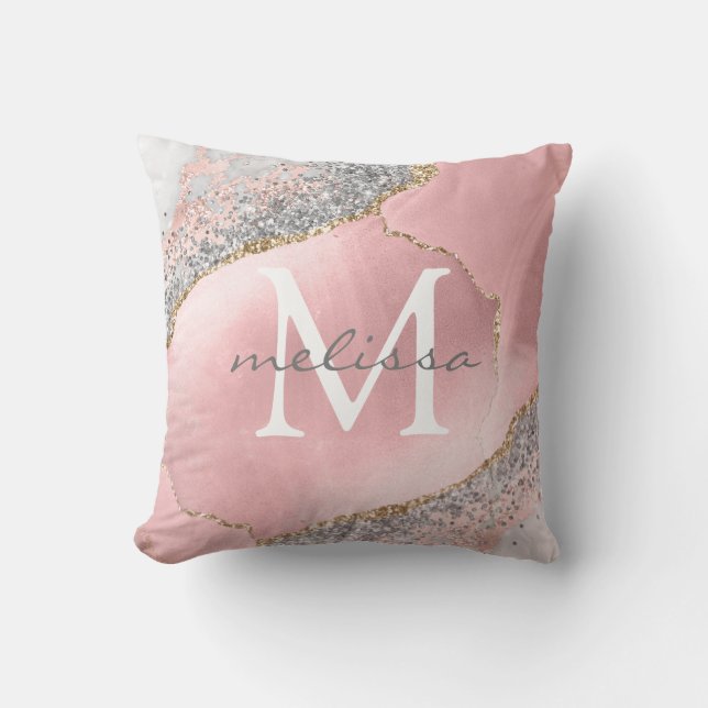 Girly Rose Gold Blush Pink Glitter Monogram Name Cushion (Front)