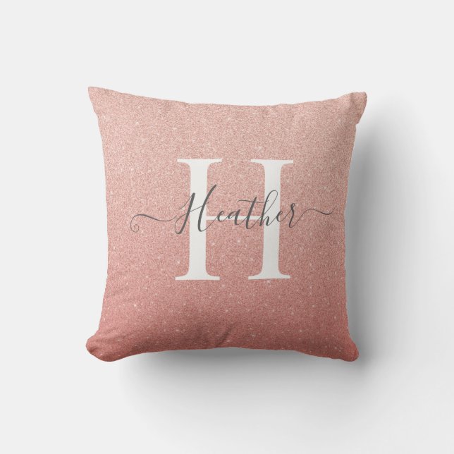 Girly Rose Gold Blush Pink Glitter Monogram Name Cushion (Front)