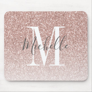 Girly Rose Gold Blush Pink Glitter Monogram Name Mouse Mat