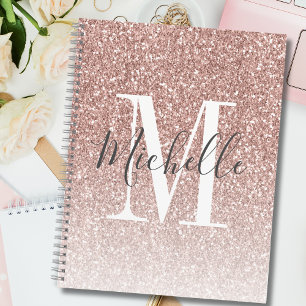 Girly Rose Gold Blush Pink Glitter Monogram Name Notebook