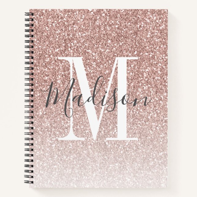 Girly Rose Gold Blush Pink Glitter Monogram Name Notebook (Front)