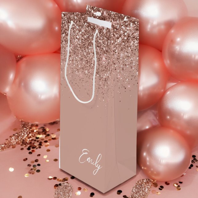 Girly Rose Gold Blush Pink Glitter Monogram Wine Gift Bag (Creator Uploaded)