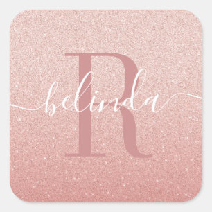 Girly Rose Gold Blush Pink Monogram Name Square St Sticker