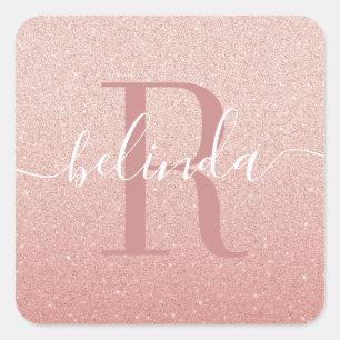 Girly Rose Gold Blush Pink Monogram Name Square Sticker