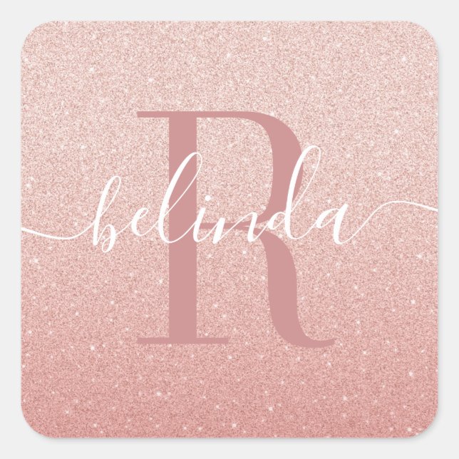 Girly Rose Gold Blush Pink Monogram Name Square Sticker (Front)