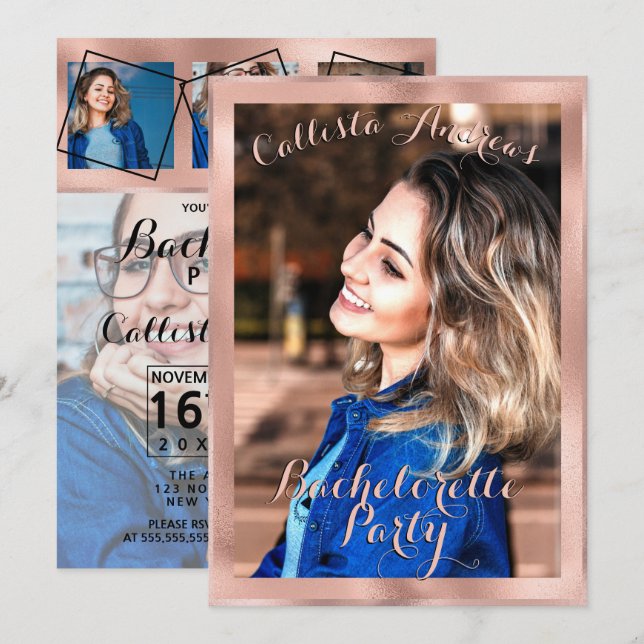 Girly Rose Gold Border Photo Collage Bachelorette Invitation (Front/Back)