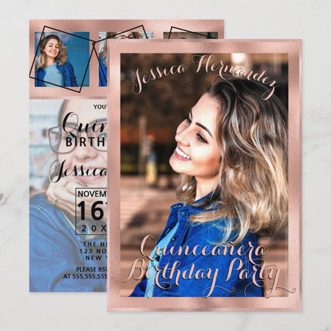 Girly Rose Gold Border Photo Collage Quinceañera Invitation (Front/Back)
