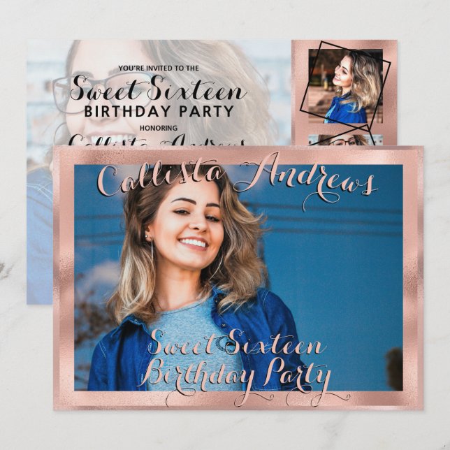 Girly Rose Gold Border Photo Collage Sweet 16 Invitation (Front/Back)