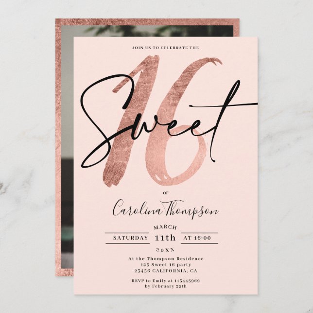 Girly rose gold border script photo Sweet 16 pink Invitation (Front/Back)