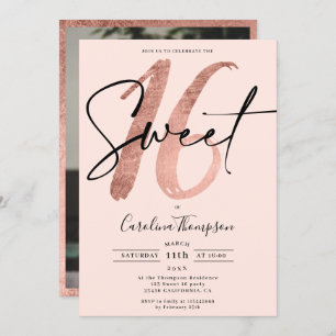 Girly rose gold border script photo Sweet 16 pink Invitation